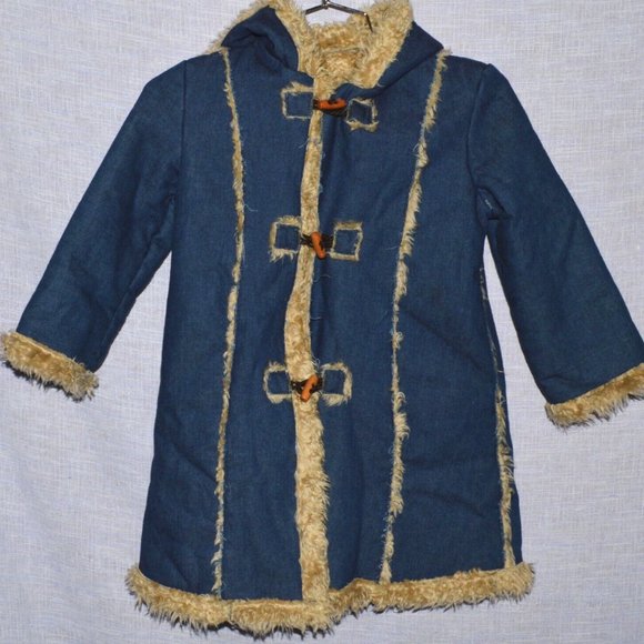 GIRLS KIDS 5Y 6Y BLUE JEANS DENIM FAUX FUR LINING TRIM HOODED COAT JACKET - Picture 3 of 6